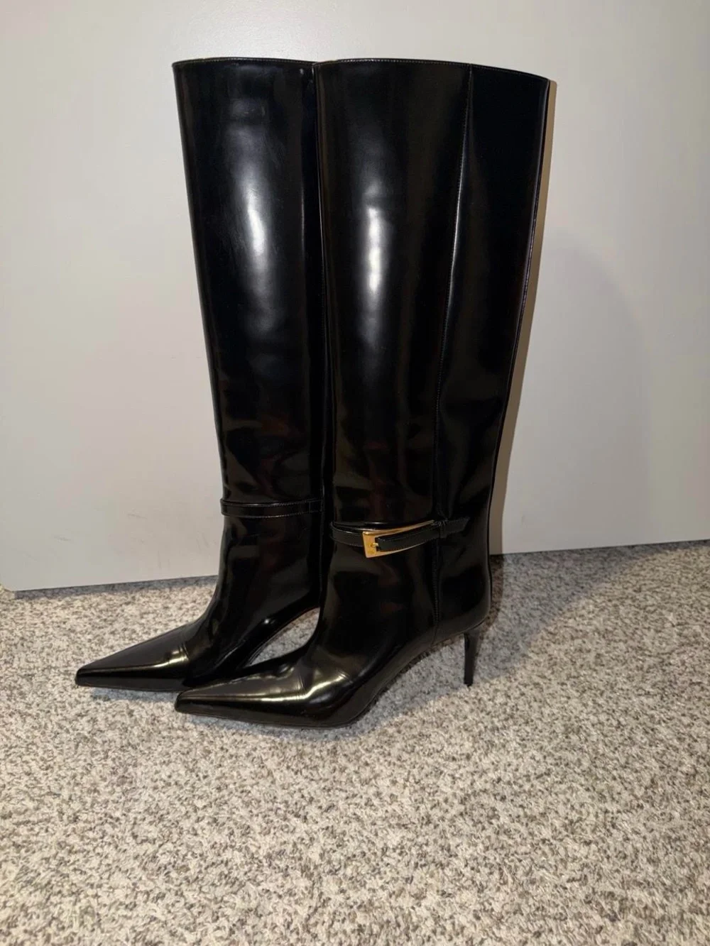 Yves Saint Laurent Black Patent Lee Buckle Over-the-Knee Boots